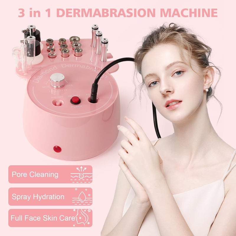 mcwdoit 3 in 1 Diamond Micro DermaBrasion Machine, Professional Dermabrasion Facial Skin Care Device with Wand, Spray Bottle and Vacuum Glass Tube for Personal Home Beauty Salon Use-Pink - Image 3